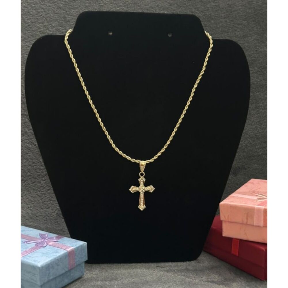 18K Gold Filled Catholic CZ Cross Pendant | 18" 2.5mm Rope Chain Necklace
